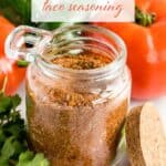 A jar of homemade taco seasoning. With print overlay for Pinterest.