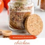Homemade taco seasoning in a small jar. With print overlay for Pinterest.