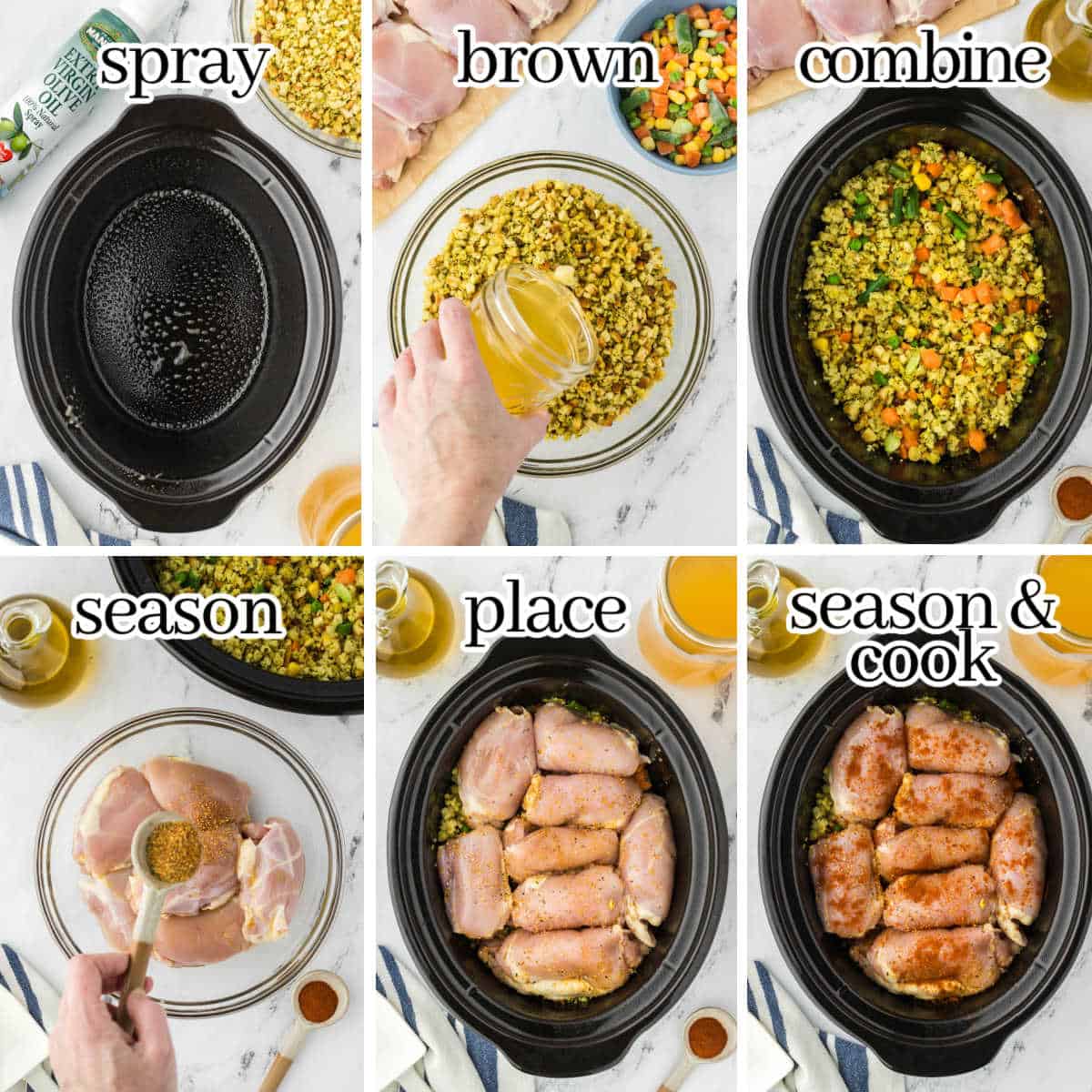 Step-by-step instructions to make slow cooker recipe, with print overlay.