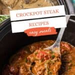 Steak in a crockpot with print overlay for Pinterest.