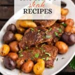 Steak and potatoes on a platter. With print overlay for Pinterest.