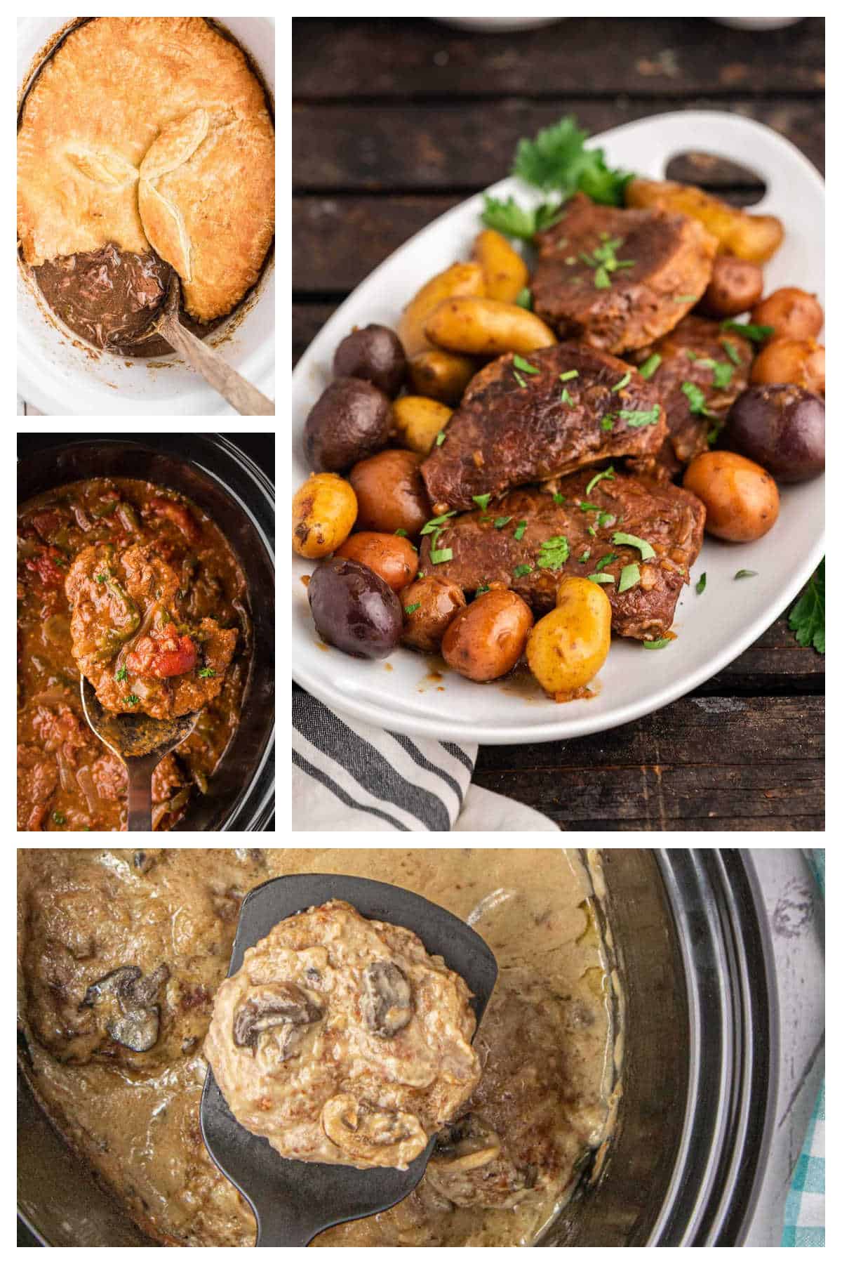A collage of photos of crockpot steak recipes.