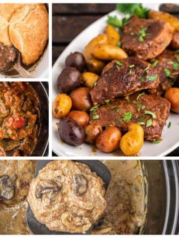 Collage of photos of steak recipes made in the crockpot.