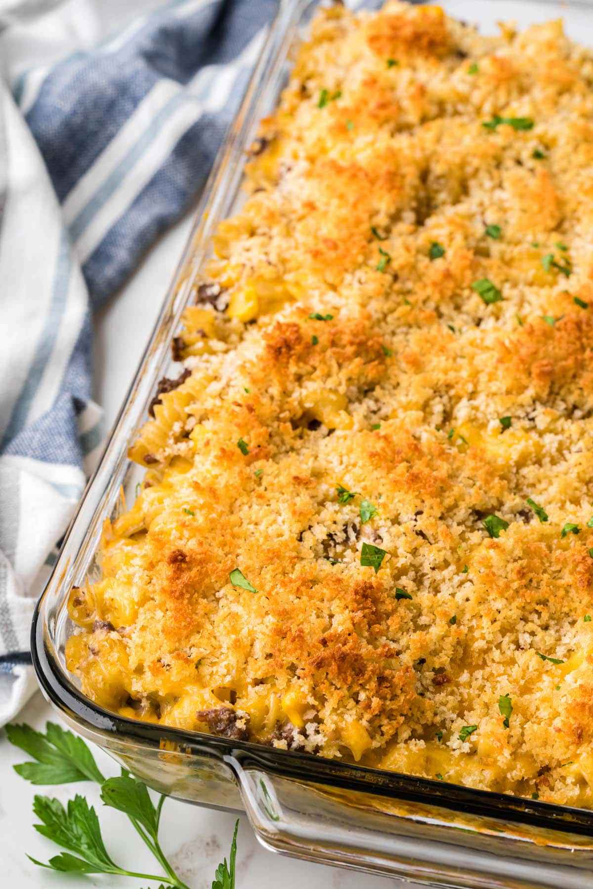 Casserole in a glass baking dish.