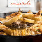 Hobo Casserole in a cast iron skillet. With print overlay for Pinterest.