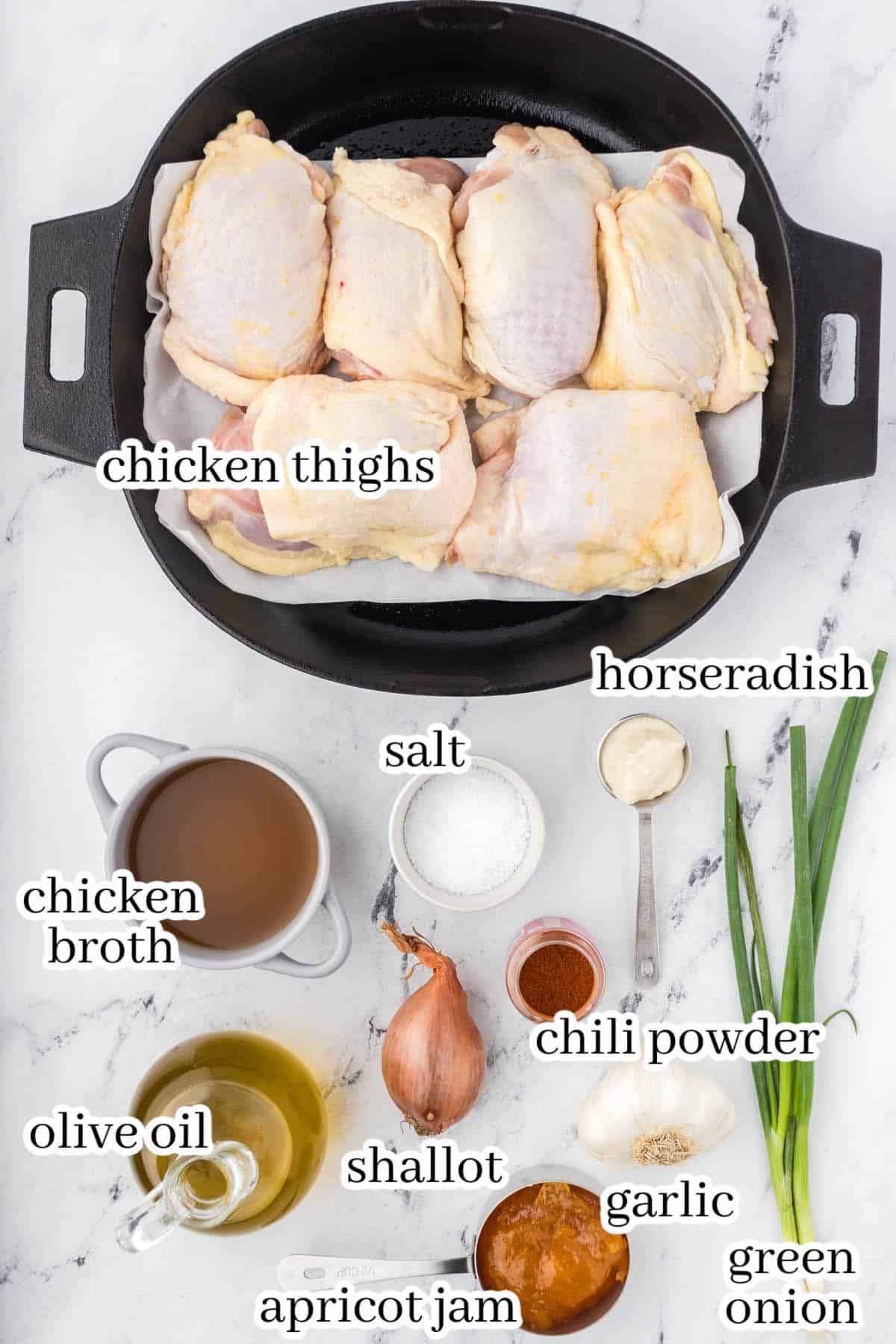 Ingredients to make the chicken recipe, with print overlay for clarification.