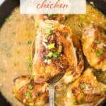 Jezebel chicken is in a frying pan with a serving spoon, dishing up a serving with print overlay for Pinterest.