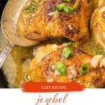 Jezebel chicken in fry pan with serving spoon. With print overlay for Pinterest.