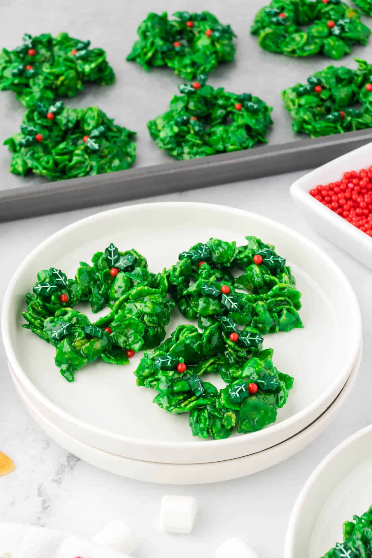 Platter filled with Cornflake Christmas Wreath Cookies.