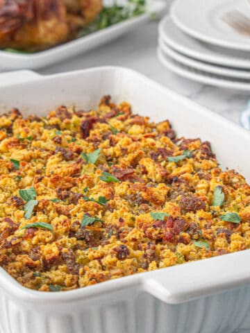 Sausage and bacon stuffing in a casserole dish.