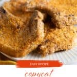 Crispy pork chops on a plate. With print overlay for Pinterest.
