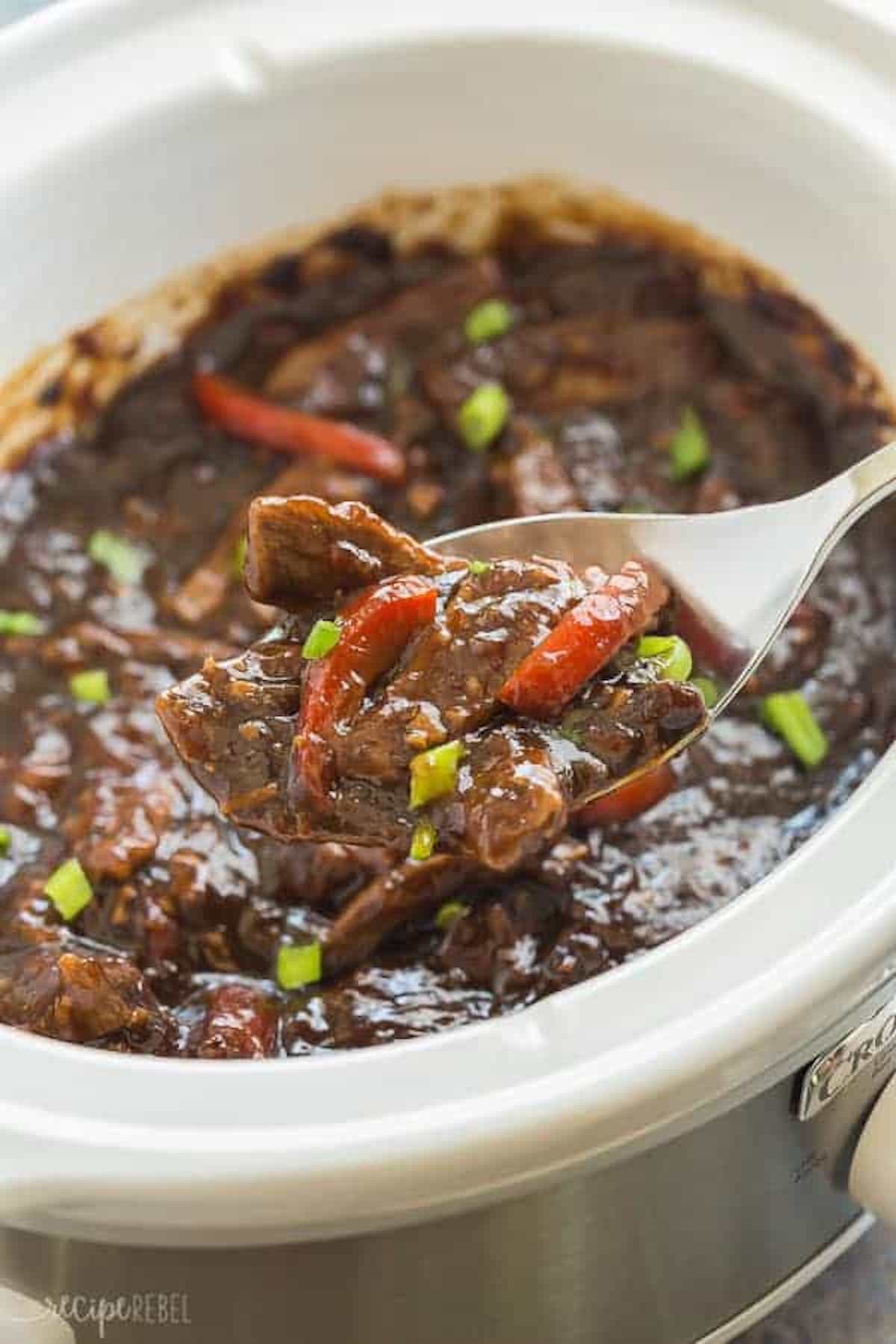 Mongolian Beef cooking in a slow cooker.