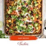 Sheet pan filled with Tater Tot Nachos. With print overlay for Pinterest.