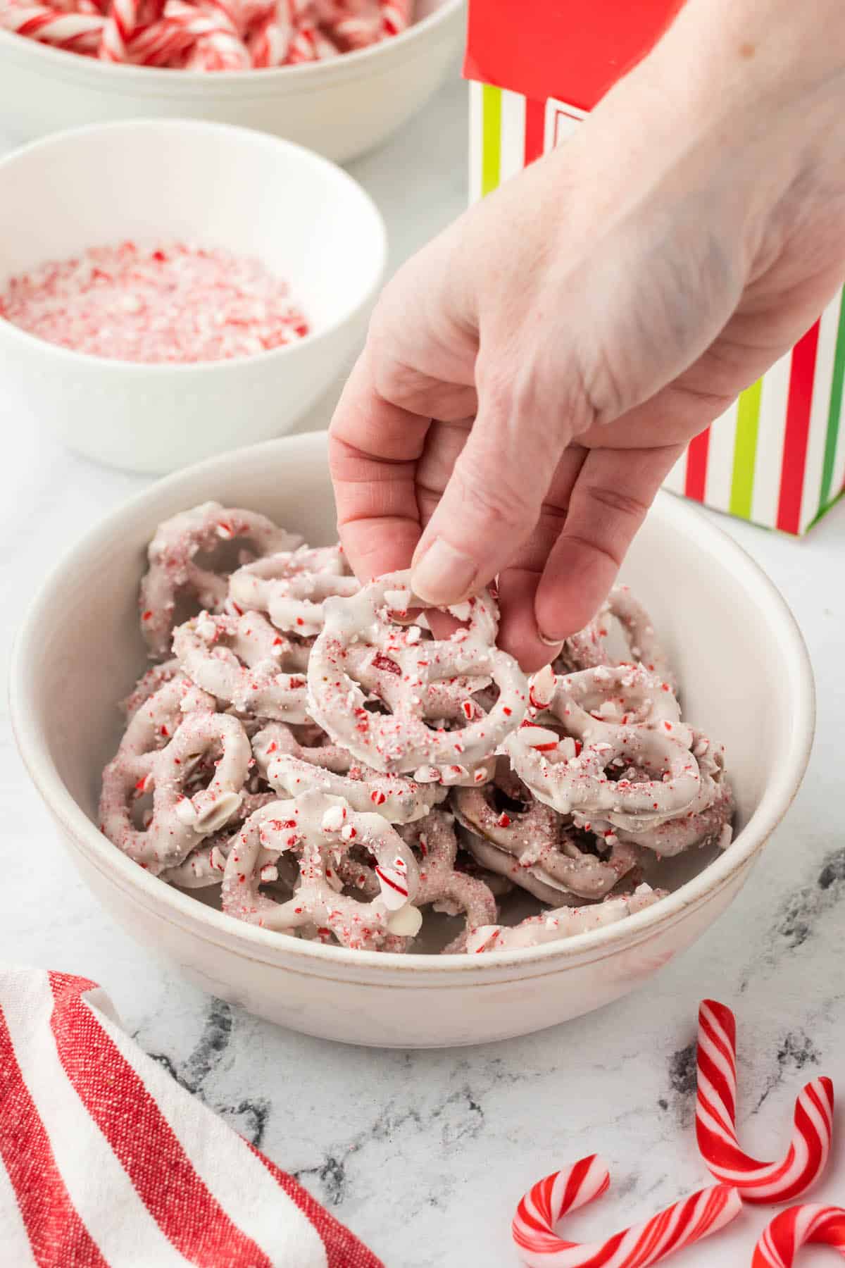 Bowl filled with chocolate-covered pretzels topped with crushed candy canes.