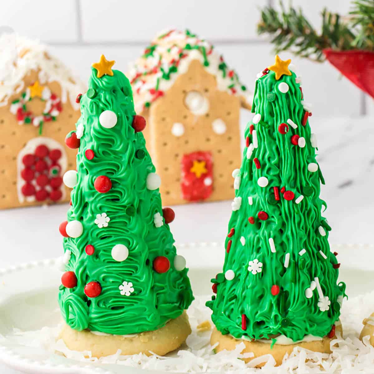 Festive sugar cone Christmas trees on a platter.