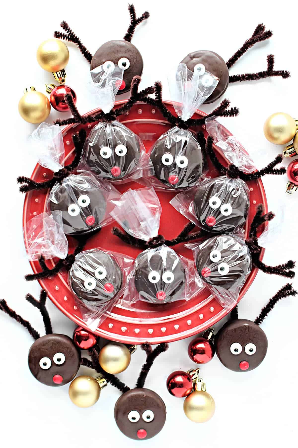Chocolate dipped oreo cookies on a platter decorated to look like Rudolph.
