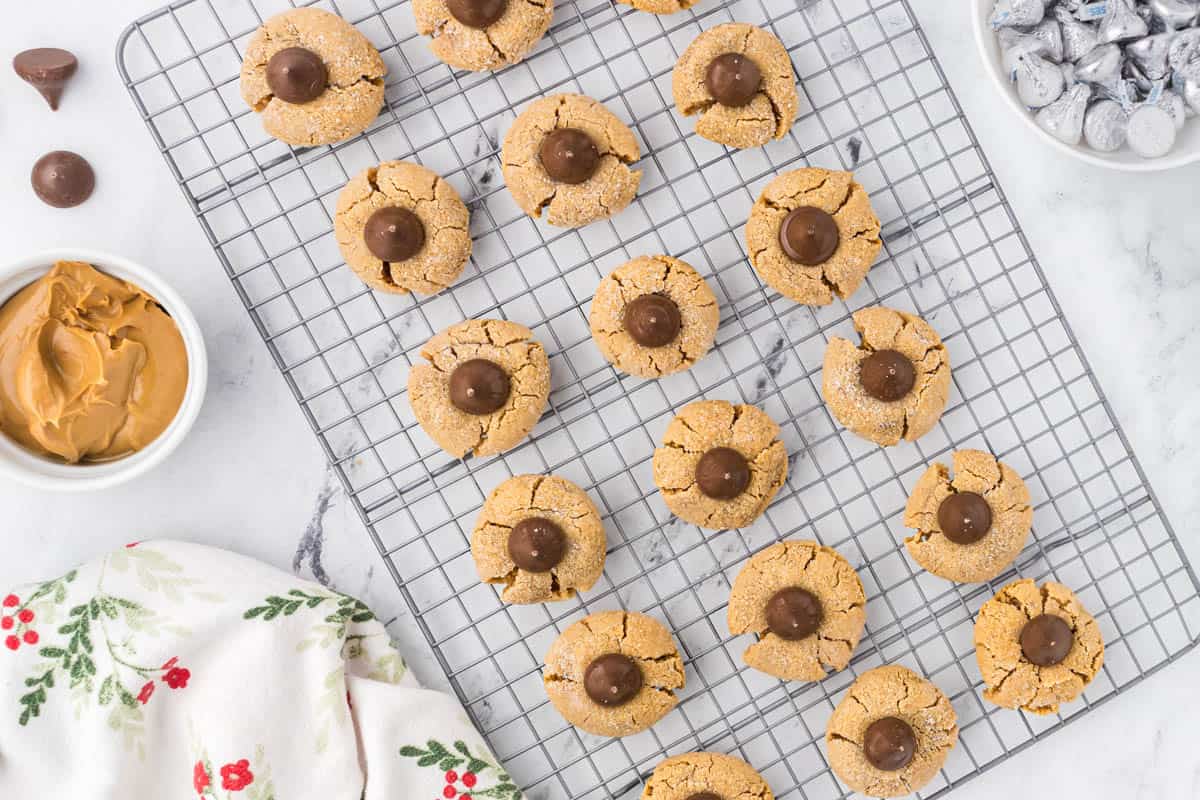 Peanut Butter Blossom Cookies on a cooling rack.