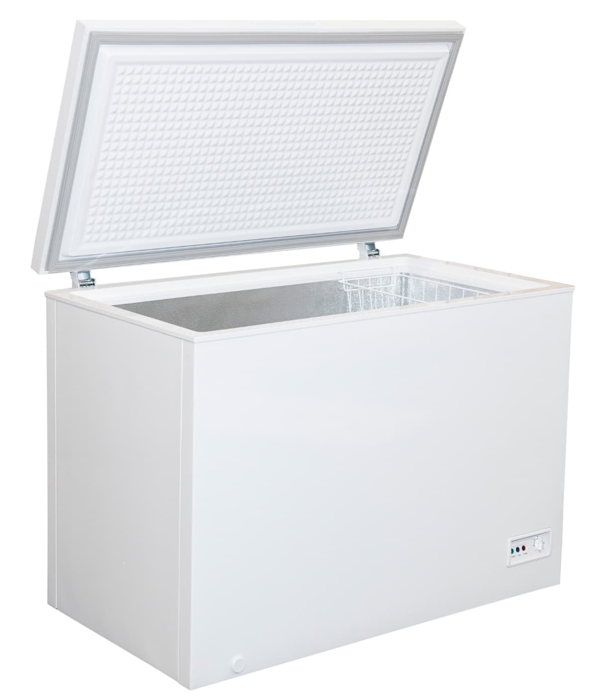 A white chest freezer with the door standing open.