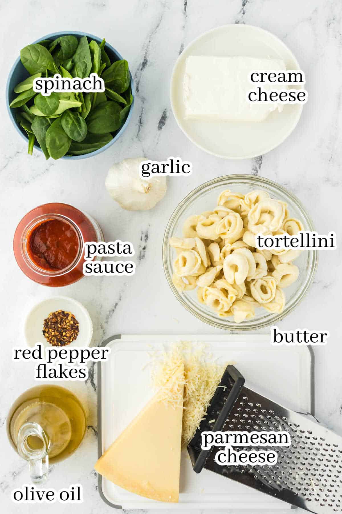 Ingredients to make the pasta recipe, with print overlay for clarification.