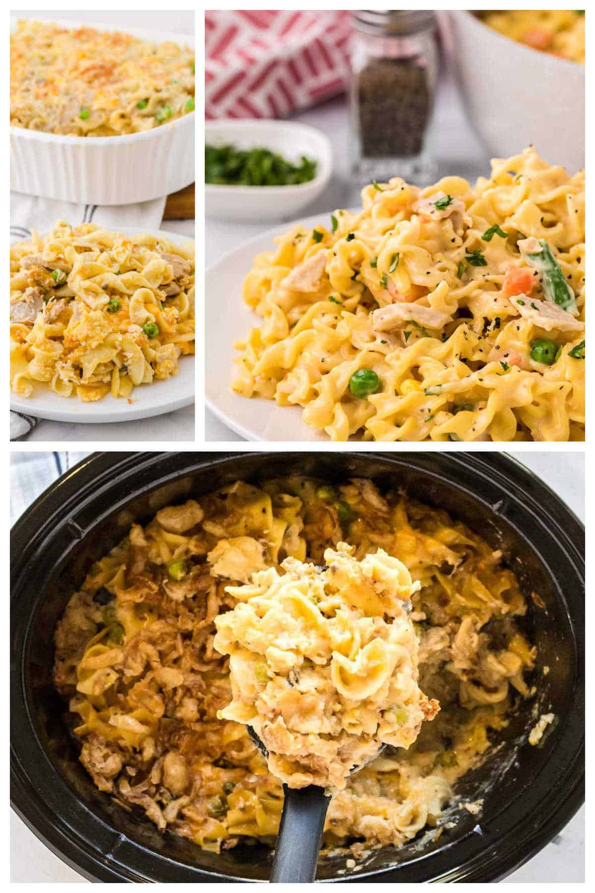 Different Tuna Casserole Recipes made in the crockpot, on the stovetop and classic tuna casserole that has been baked in the oven.