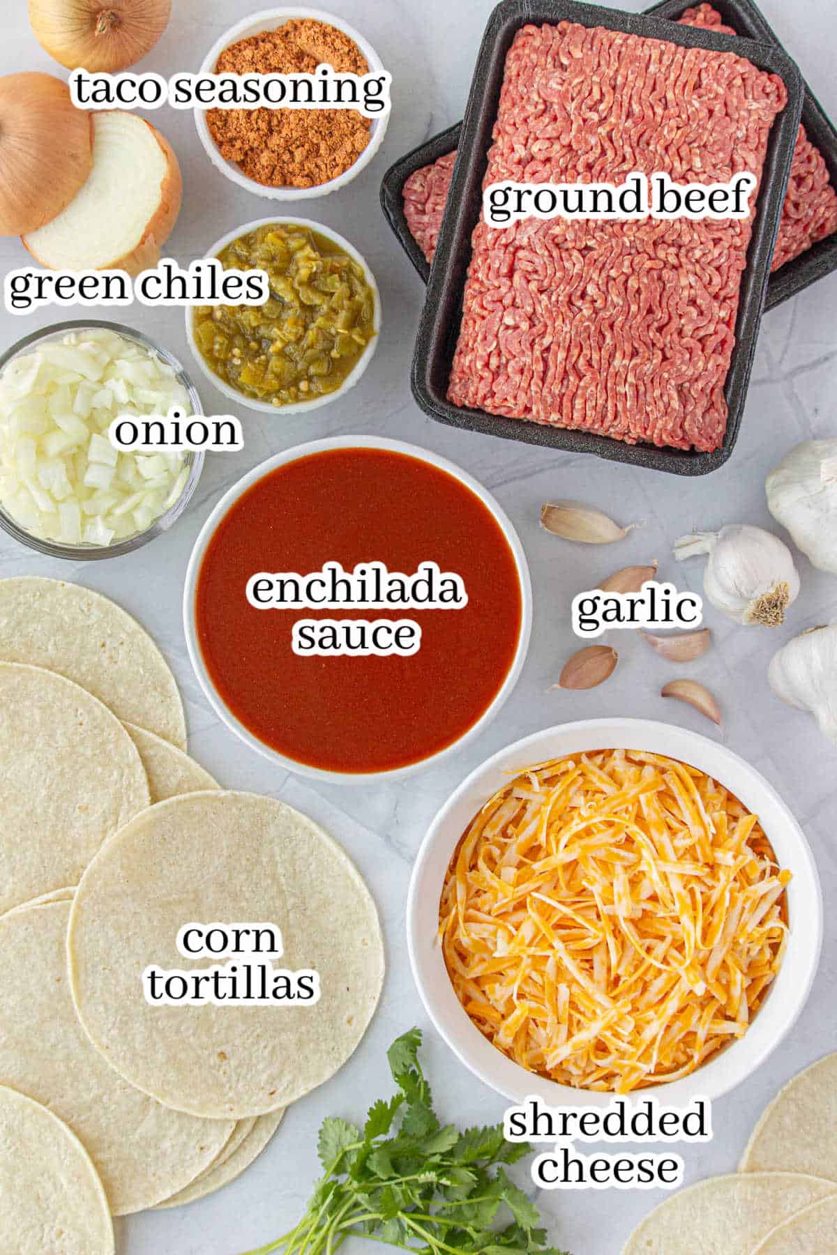 Ingredients needed to make the easy casserole recipe. With print overlay for clarification.