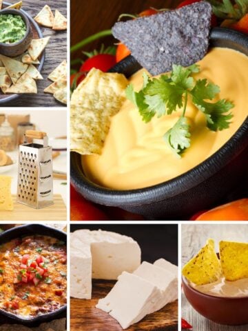 A collage of photos of gooey queso and blocks of cheese.