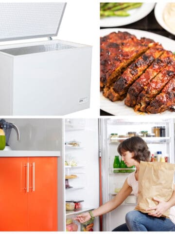 A collage of photos of a woman unloading groceries into the freezer. A meatloaf on a platter. And a white chest freezer with the door open.