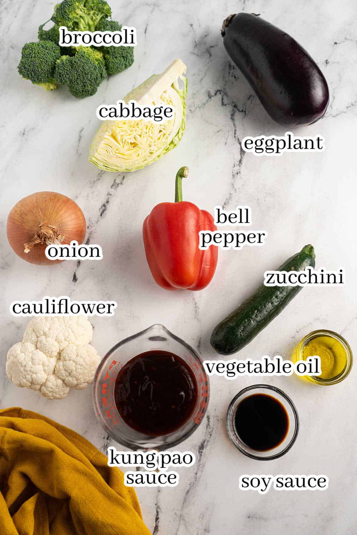 Ingredients to make the stir-fry vegetables. With print overlay for clarification.
