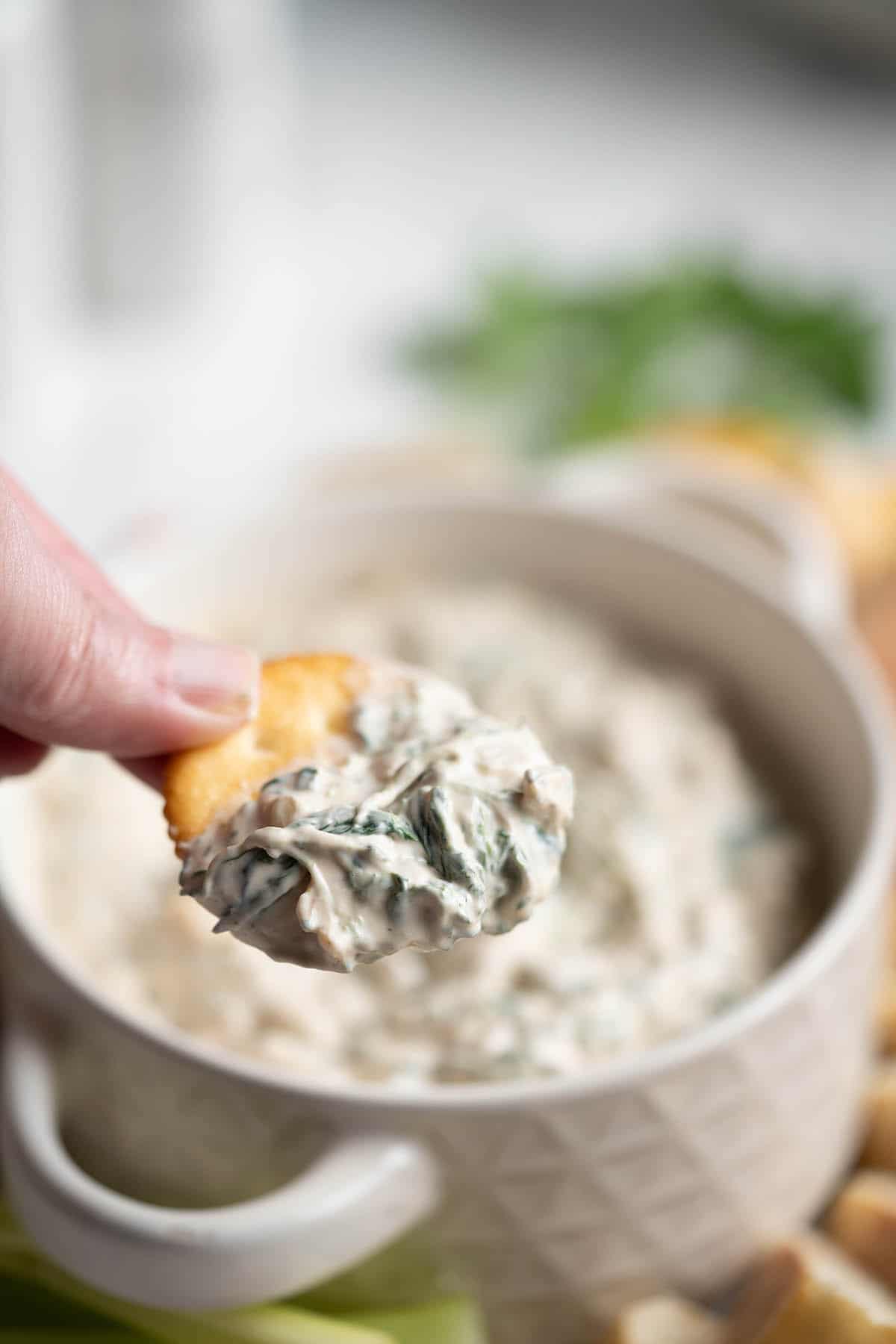 Spinach dip in a bowl with a cracker that had just been dipped in it.