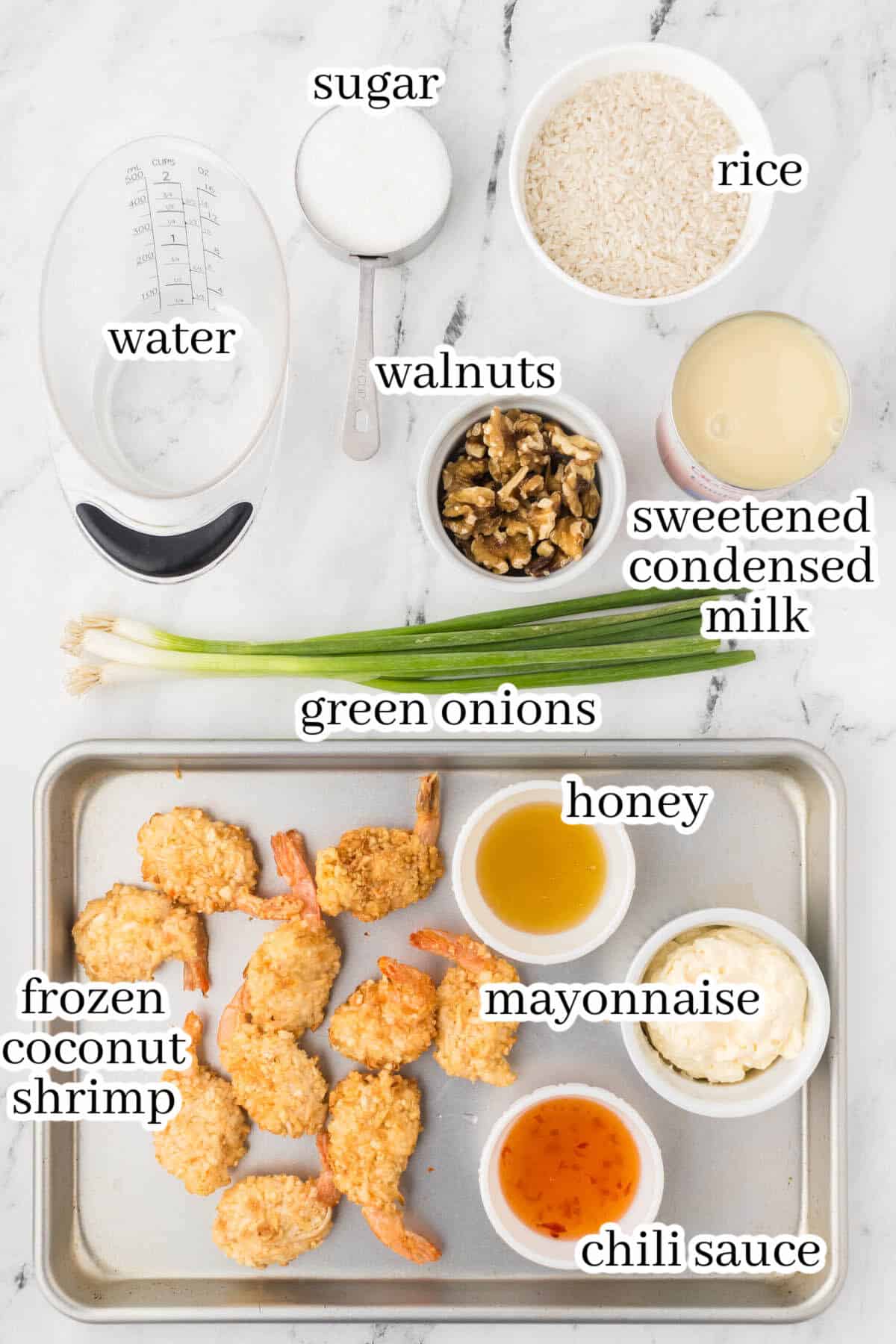 All of the ingredients to make the honey walnut shrimp. With print overlay for clarification.