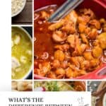 Collage of photos of posole and hominy, with print overlay for Pinterest.