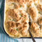 Hot and bubbly Chicken Cobbler in a casserole dish.