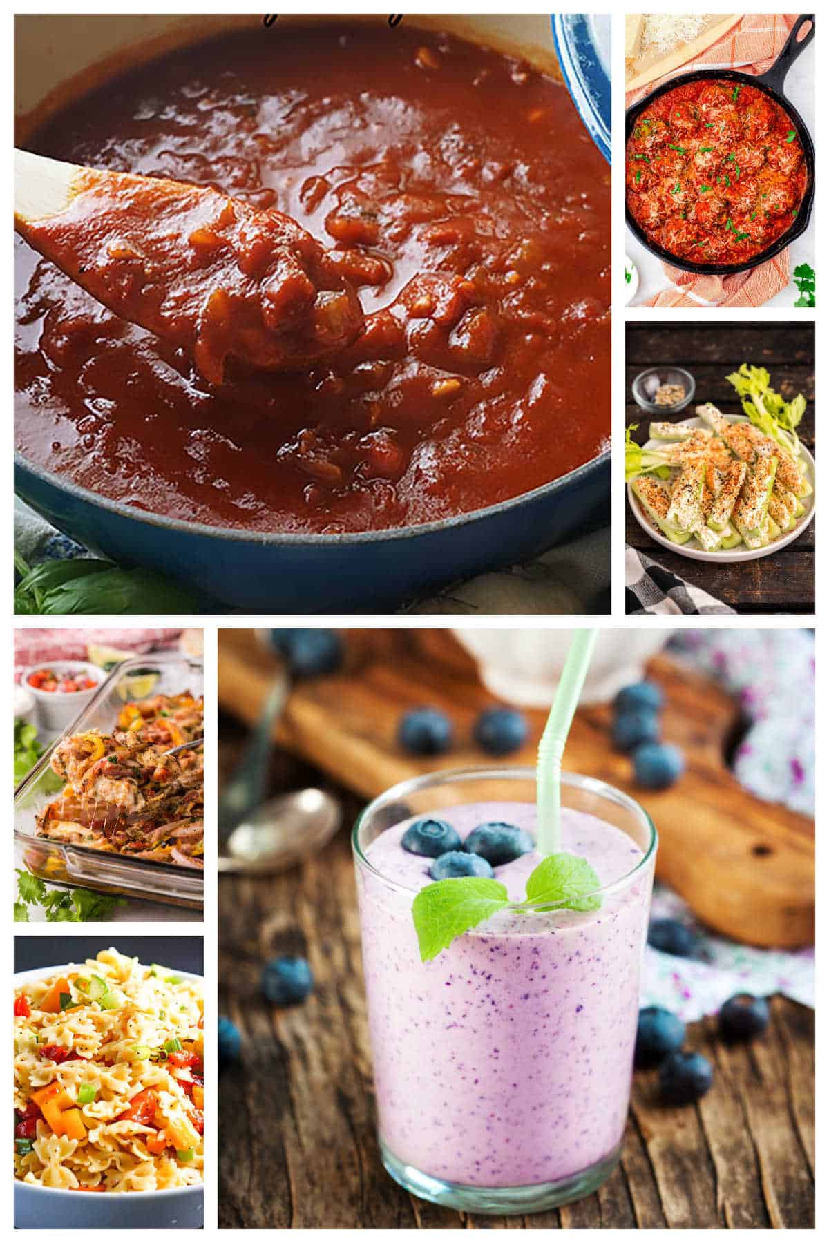 A collage of photos showing ways to incorporate more vegetables. In a smoothie, salads, casseroles, pasta sauces, meatballs and stuffed celery.