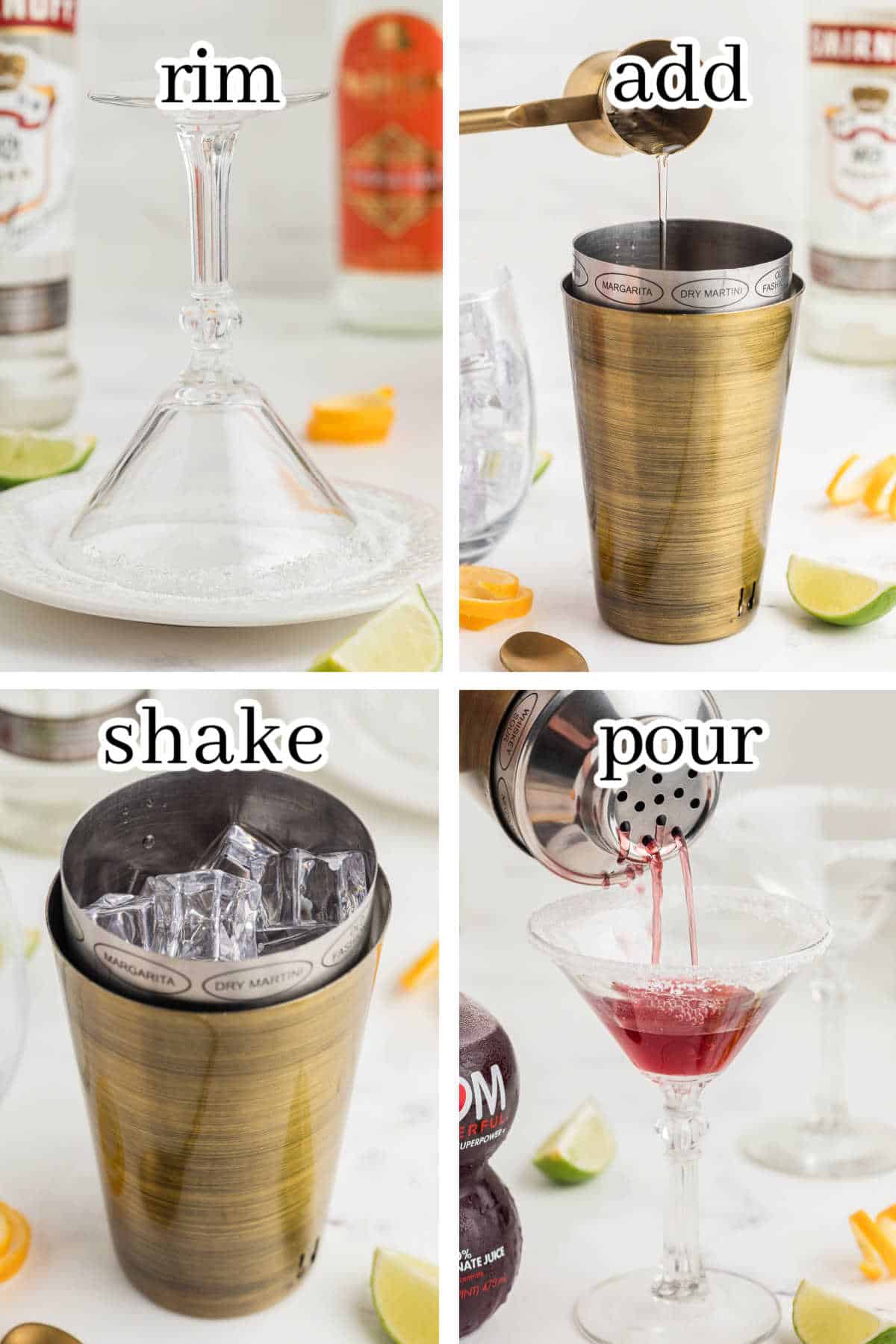 Step-by-step instructions to make the cocktail. With print overlay.