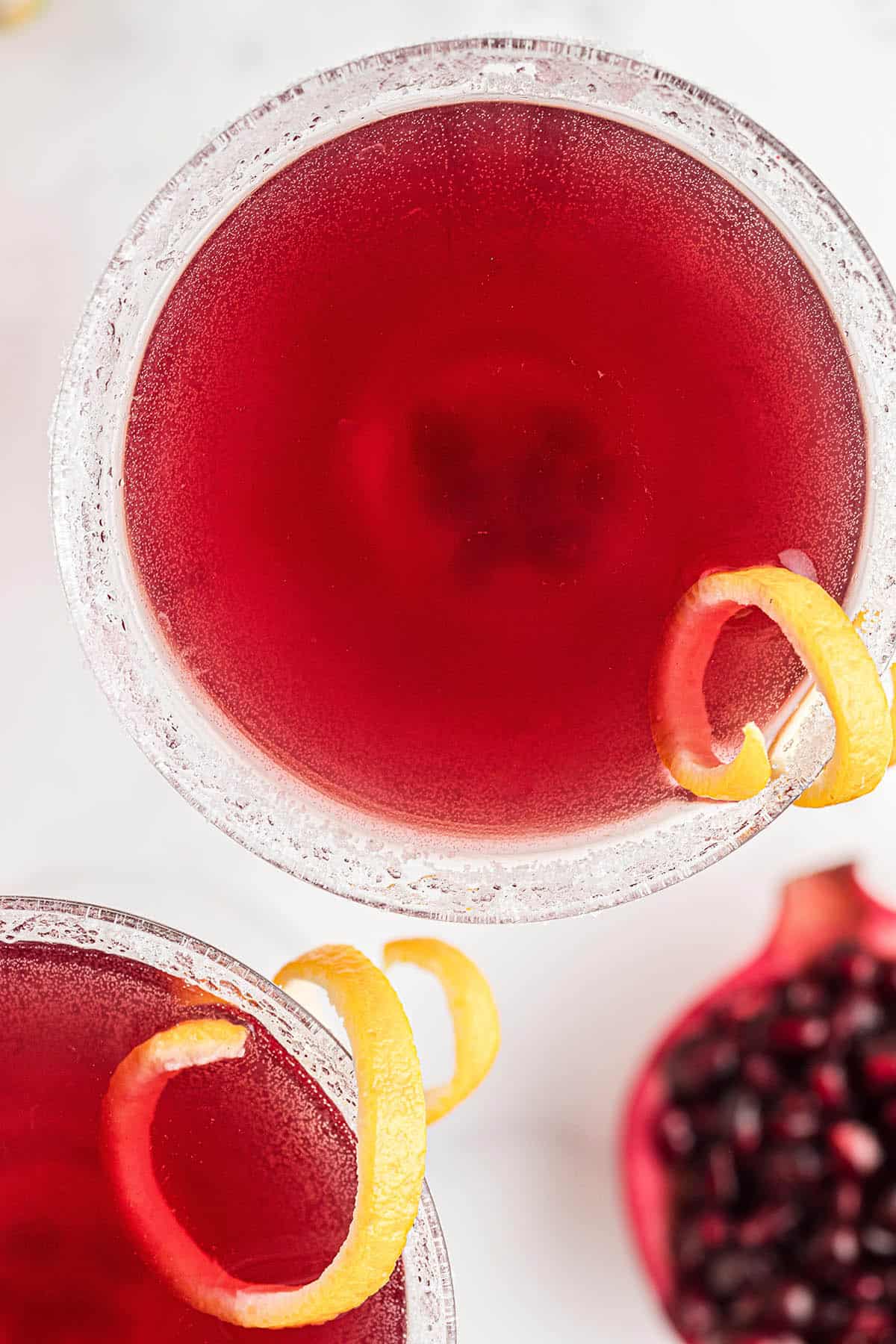 An overhead shot of pomegranate martinis.