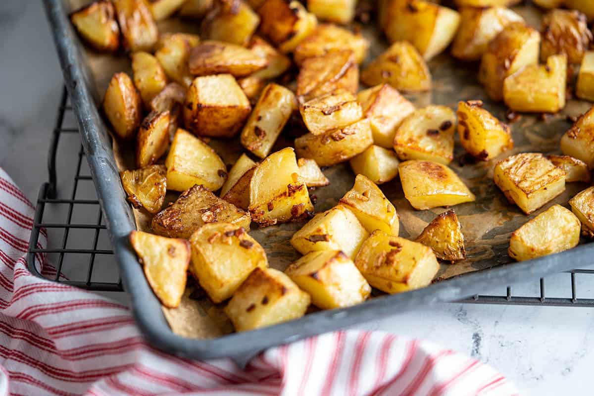 Roasted Potatoes on a sheet pan.