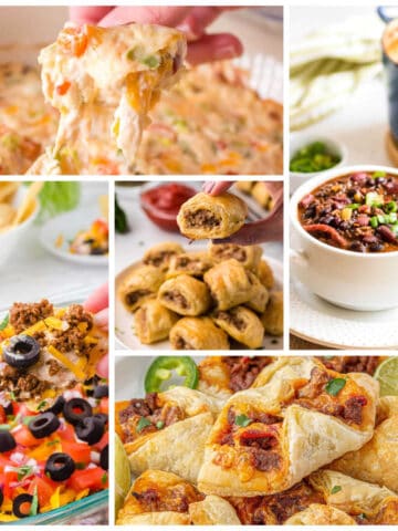 A collage of appetizers for Super Bowl food ideas.