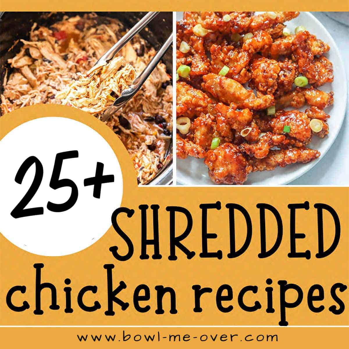 Collage of photos of shredded chicken recipes, with print overlay for social media.