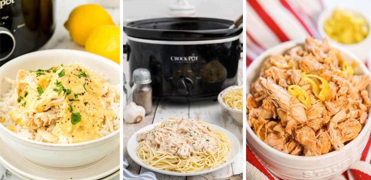 A collage of recipes made with shredded chicken in the crockpot.