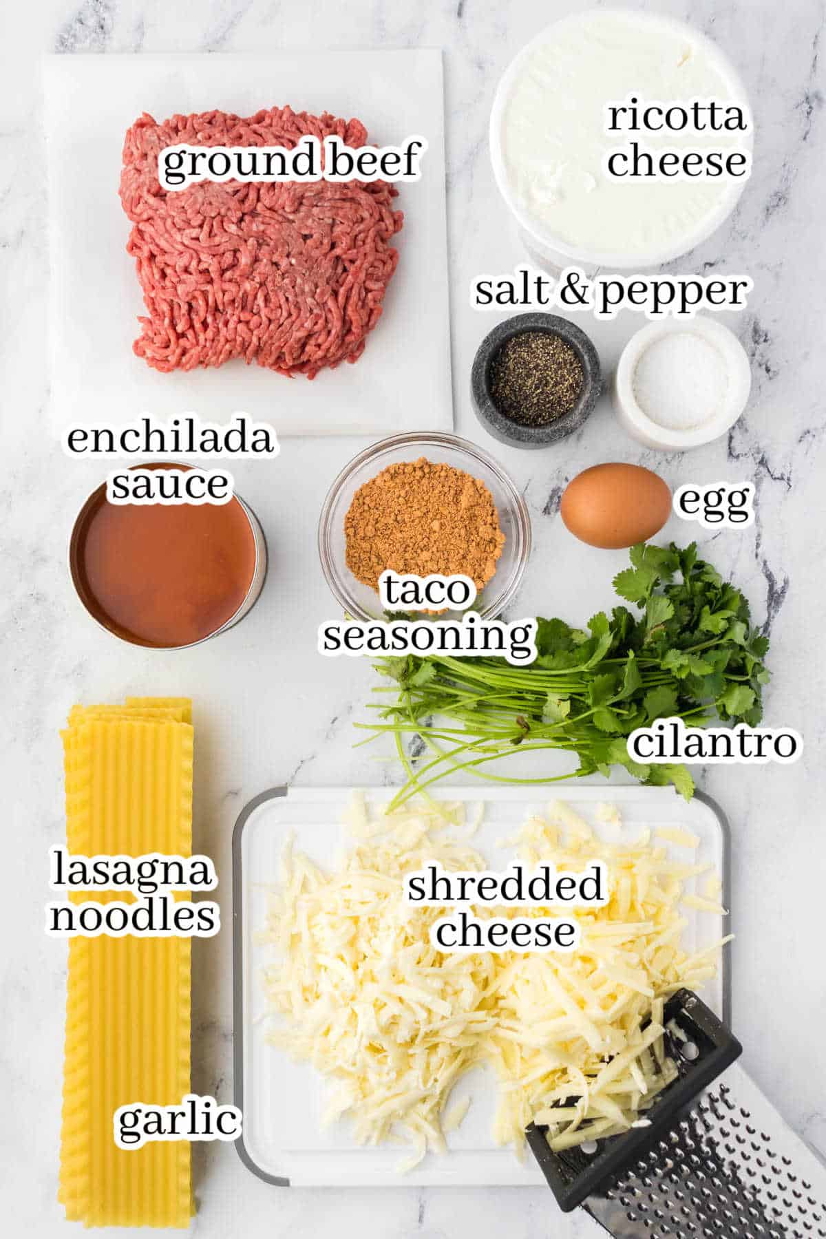 Ingredients to make the casserole recipe. With print overlay for clarification.