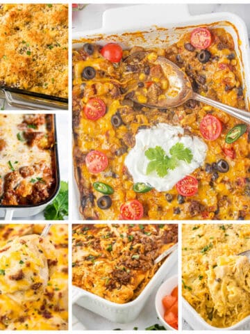 A collage of cheesy casseroles in 9x13 casserole dishes.
