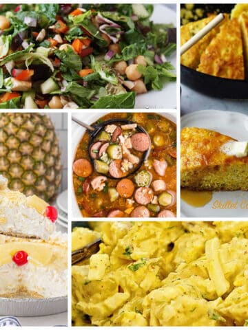 A collage of photos of what to serve with gumbo. It includes potato salad, no bake pie, green salad, cornbread and gumbo.