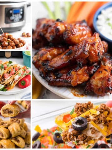 A collage of appetizers including sausage rolls, taco dip, grape jelly meatballs, chicken wings and tacos.