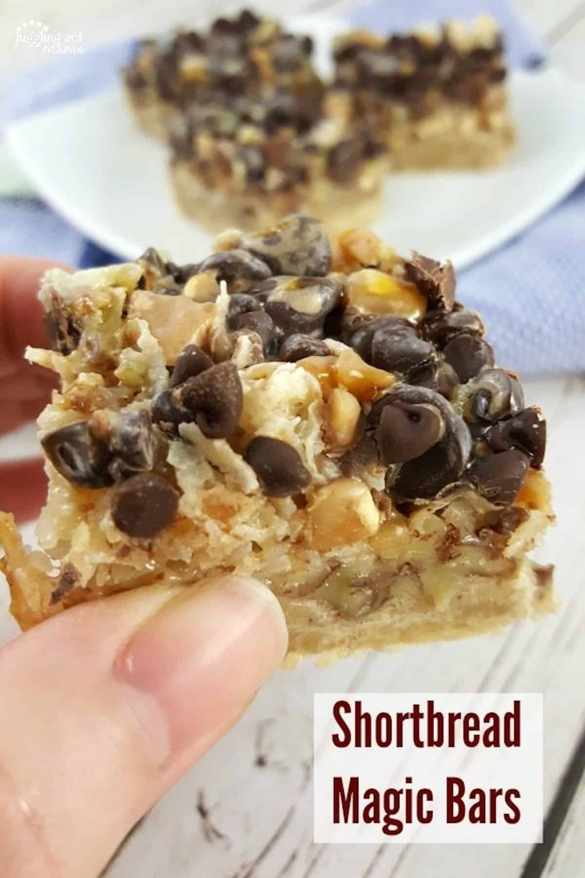 Sliced Magic Cookie Bars on a platter with a hand holding one of the bars. With print overlay for clarification.