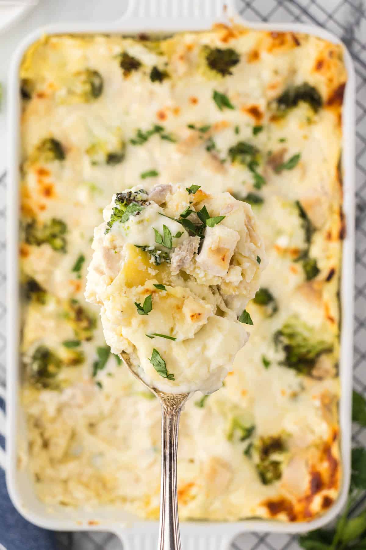 Cheesy white lasagna in a casserole dish with a spoon holding a serving.