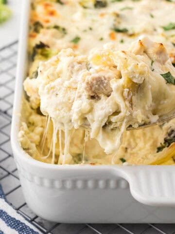 Chicken Broccoli Alfredo Lasagna in a casserole dish. A spoon is scooping out a serving.