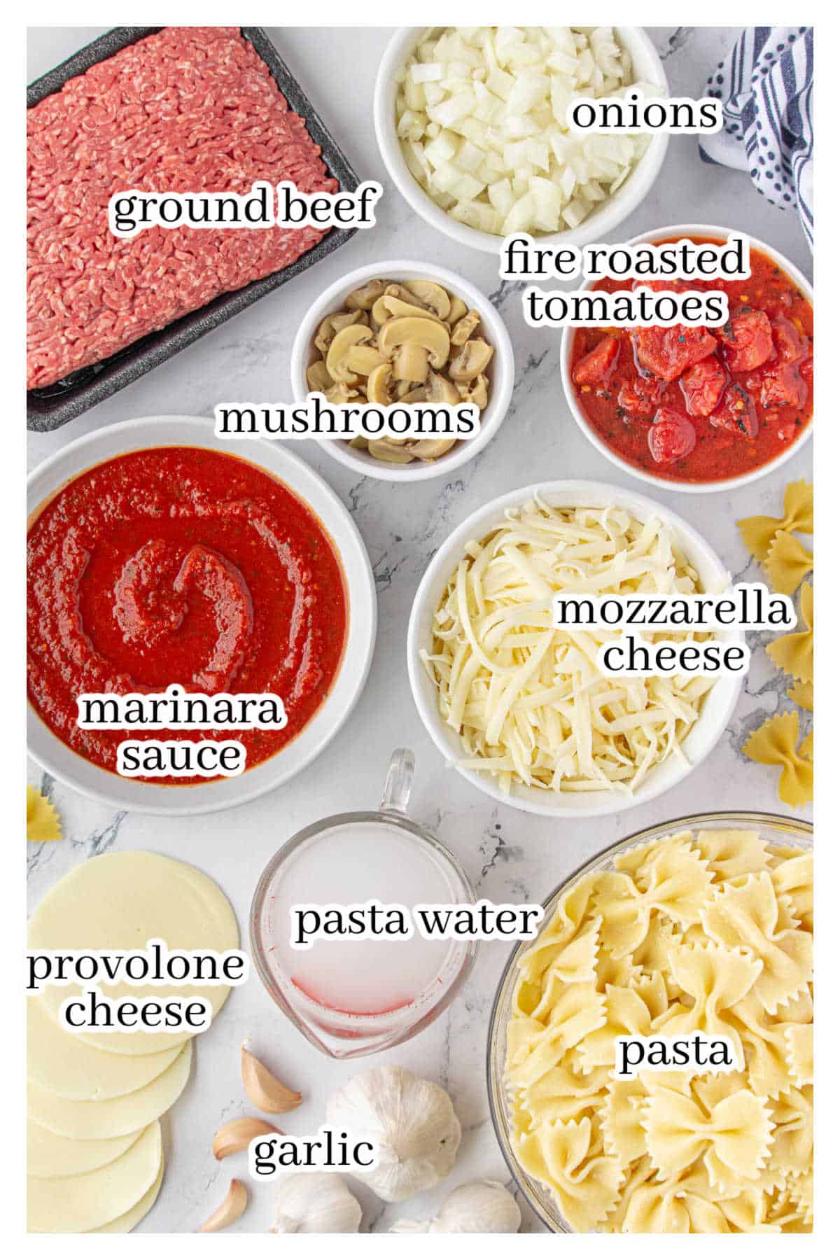 All of the ingredients needed to make the pasta recipe, with print overlay for clarification.