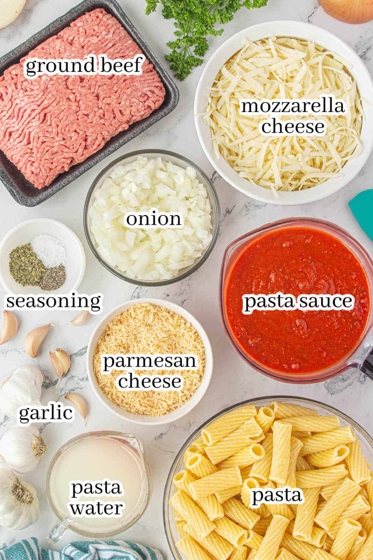 Ingredients for the pasta casserole, with print overlay for clarification.