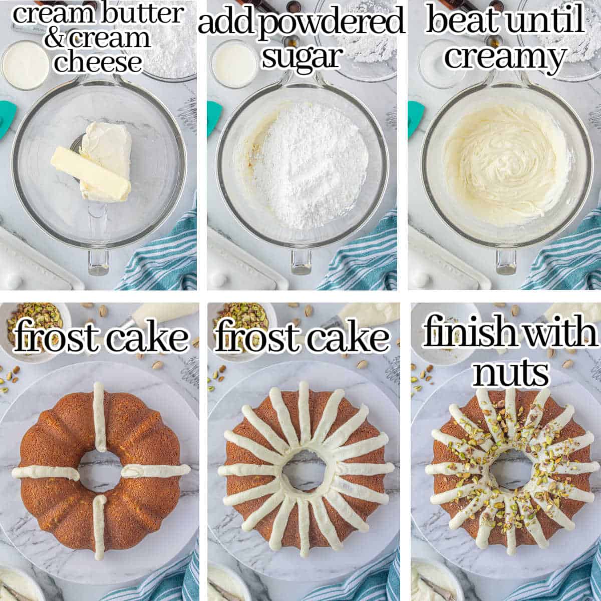 Step-by-step instructions to make sour cream frosting and examples how to frost a bundt cake. With print overlay for clarification.