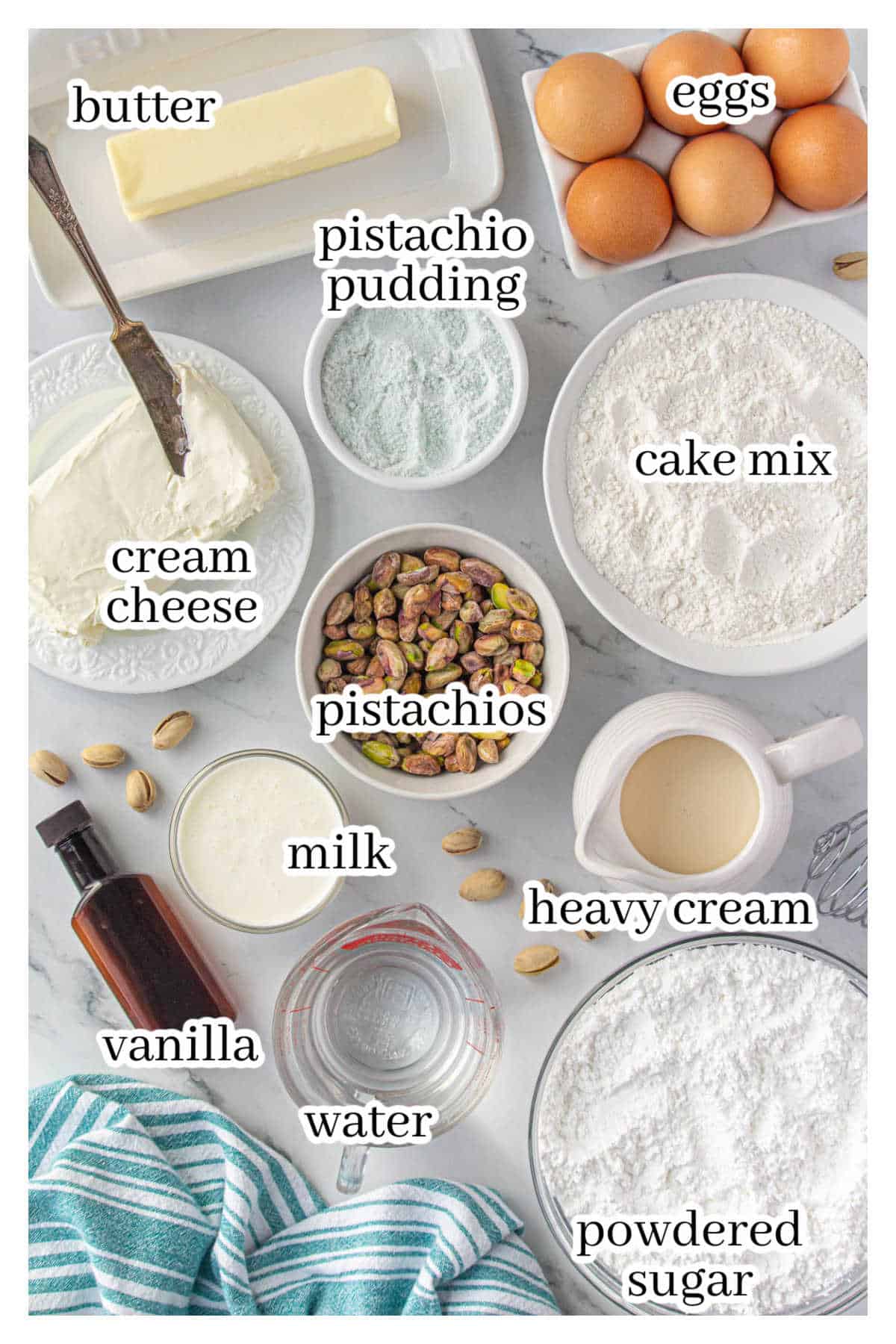 All of the ingredients needed to make the cake recipe, with print overlay for clarification.